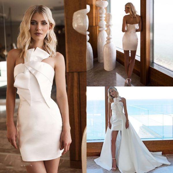 

chic strapless short wedding dresses with detachable train boho beach bridal gowns lace up back vestido de novia, White