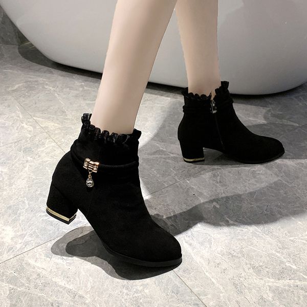 

casual retro crystal ankle boots for women 2019 autumn winter fashion zipper square heels winter shoes women botines mujer, Black