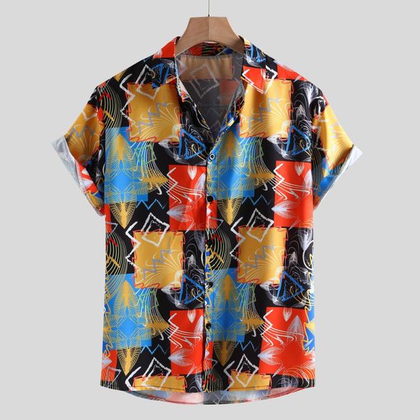 

summer men's blouse shirts loose multi color lump chest short sleeve turn-down collar round hem men dress shirts clothing, White;black
