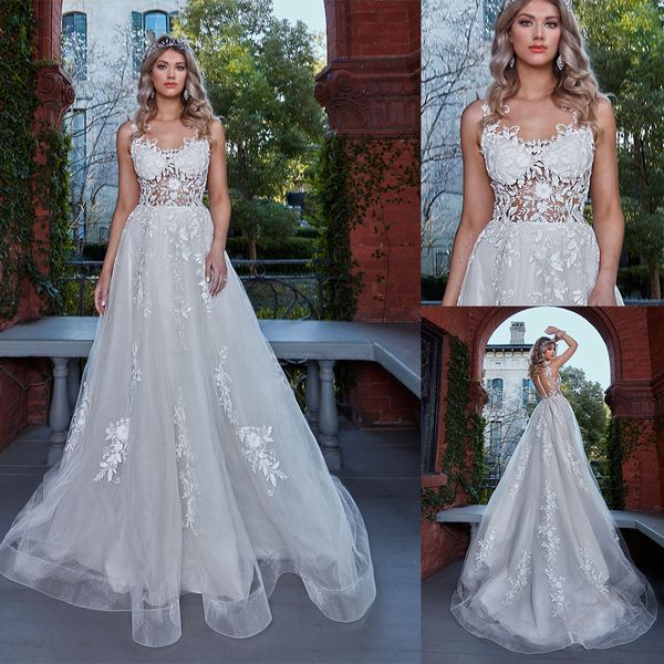 

2020 bohemian bridal dresses v neck appliqued sleeveless lumbar wedding dress sheer back ruffle sweep train custom made robes de mariÃ©e, White