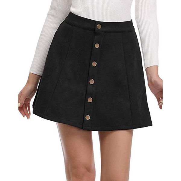 

new fashion solid vintage suedette button high waist plain a-line short mini skirt a0316, Black