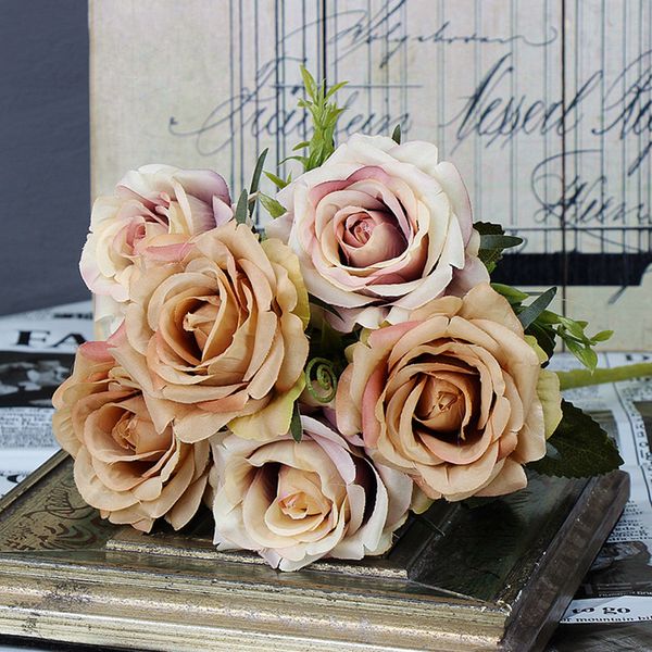

new product small bouquet simulation flower 6 flower head color matching rose table pens simulation rose boutique