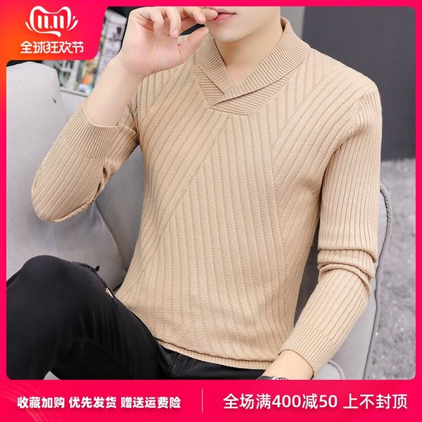 

2020 male lapels, cultivate one's morality joker v-neck sweater teenagers oblique lines render sweater, White;black