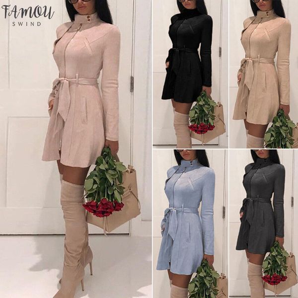 

autumn women's casual sash suede dress casual leather pocket long sleeve women autumn mini dress winter warm female dresses, Black;gray