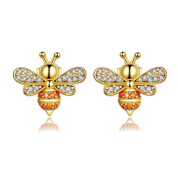 

bee stud earrings for women fashion crystal ear studs 925 sterling silver jewelry for girl gold, Golden;silver