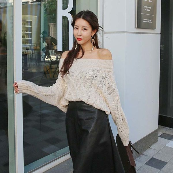 

sweater woman autumn winter 2019 new korean off shoulder pullover fashion slash warm knit casual loose women clothes, White;black