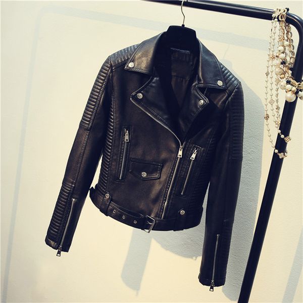 

women's leather & faux fashion office lady women jacket solid turn-down collar pu jackets and coats moto biker streetwear, Black