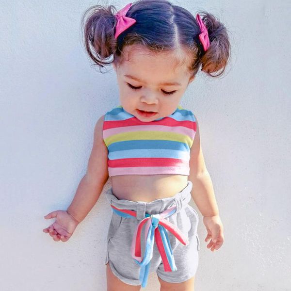 

toddler baby girls clothes set summer sleeveless rainbow striped tank +bowknot shorts outfits set children clothing new, White
