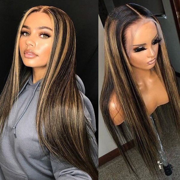 

ombre blonde highlight 13x6 lace front human hair wig with baby hair brazilian lace front for black women remy natural hairline, Black;brown