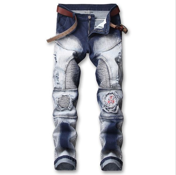 

mens designer elastic slim fold jeans small straight tube white motorcycle hole pants, Blue