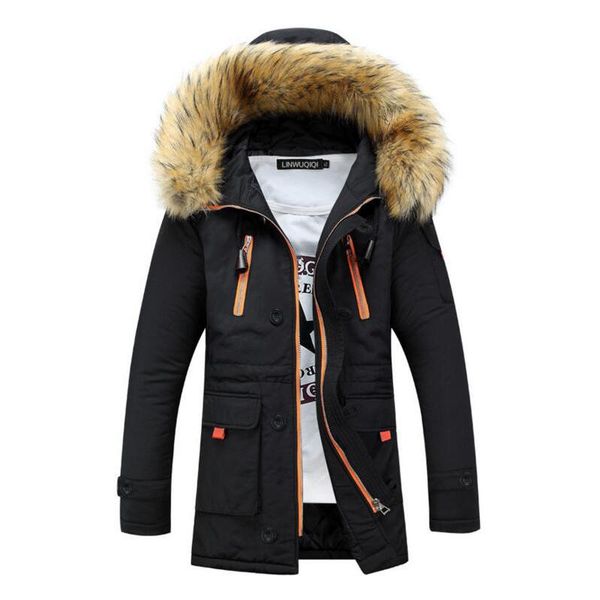 

горячая новая зимняя мужская куртка хлопок теплая толстая молния большой меховой воротник с капюшоном javket пара молодежная куртка пальто, Black