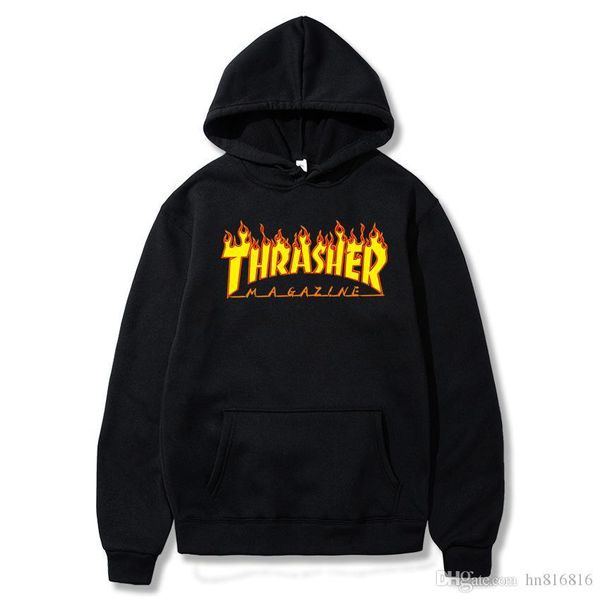

casual hoodies 65% cotton material autumn sweatshirts thrasher print leniency pullover keep warm hoodie street style hip hop sports sweater, Black