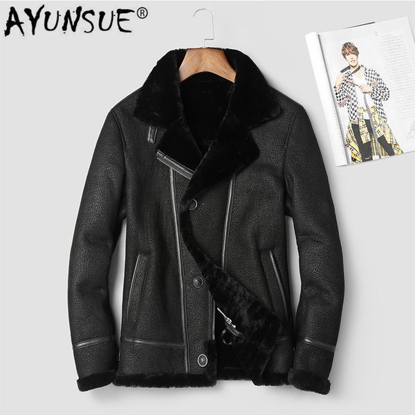 

ayunsue real leather jacket men clothes 2019 winter warm genuine leather coat motorcycle mens sheep shearling jackets 14306-1, Black