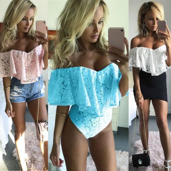 

fashion women summer bodysuits leotard ruffled off shoulder lace bodysuit, Black;white