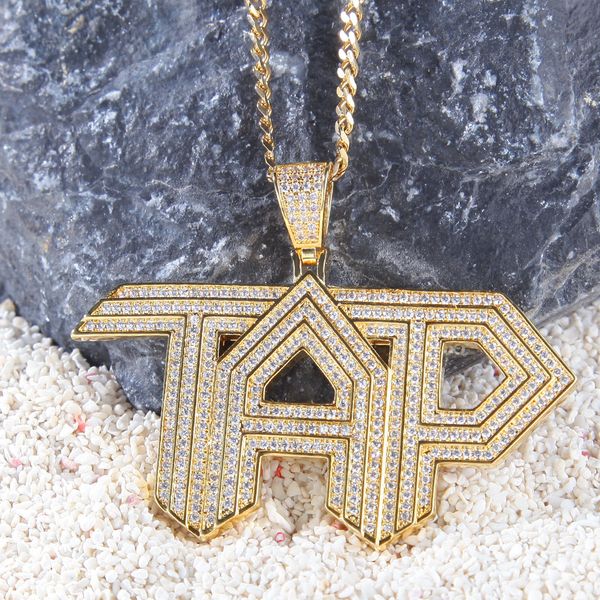 Oro personalizzato Nuovo ghiacciato CZ Cz Cubic Zirconia Mens Tap Letters Necklace White Gold Gold Full Diamond Hip Hop Gioielli Regali per uomini