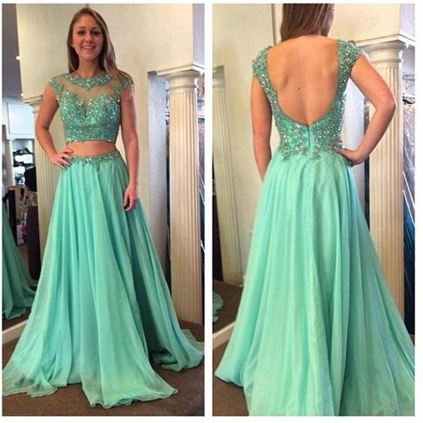 

Two Pieces Sheer Beading Prom Dresses 2019 Fashion Jewel Neck A line Chiffon Fabric Evening Formal Dress Custom Appliques Party Gown 30