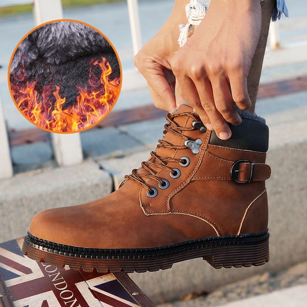 

big size 38-47 winter men pu leather ankle snow boots shoes motorcycle fur plush warm classic fashion comfortable casual boots, Black
