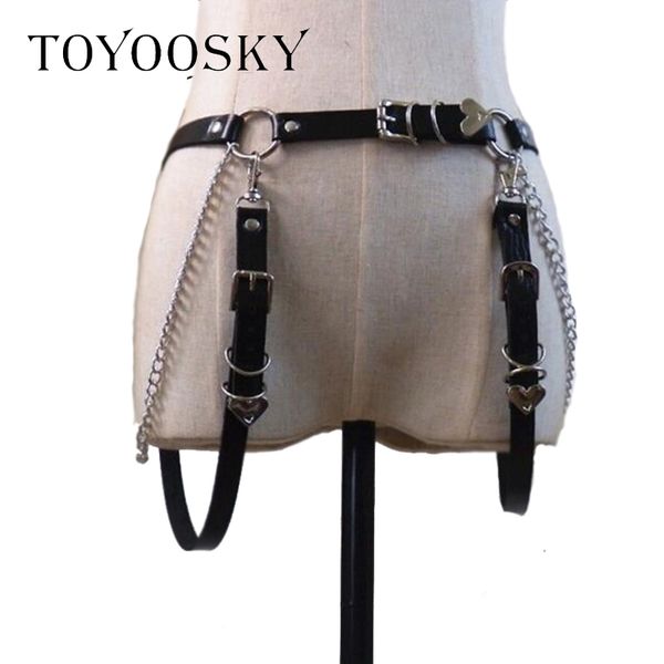 

women gothic punk heart shape belt for women rock hip-hop with two ring chain waist belts ins second cowskin toyoosky, Black;brown
