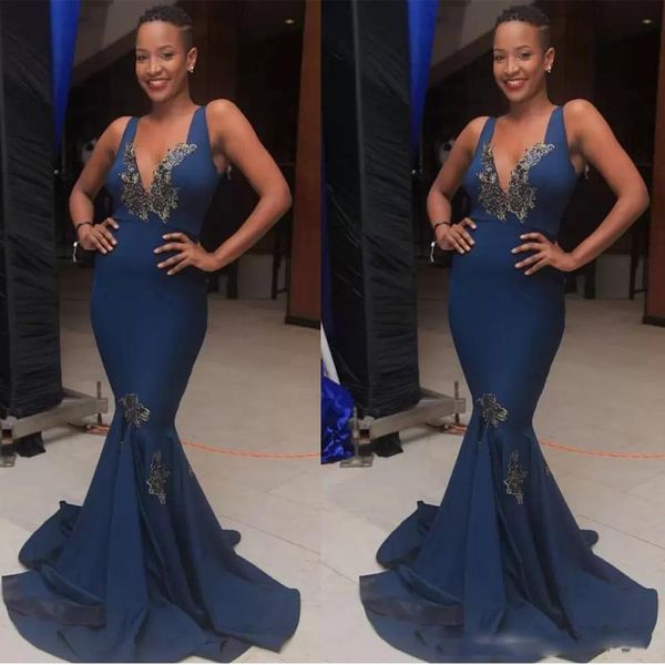 

mermaid africa evening dresses deep v neck sleeveless appliques beads celebrity prom dress elastic satin long formal party wear, Black;red