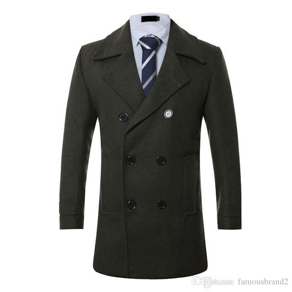 

men double breasted wool blends coats gentlemen autumn winter slim fit coats, Black
