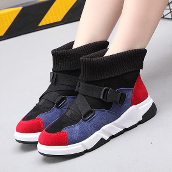 

new fashion sneakers platform women ankle boots creepers buckle sock boots comfortable casual flats shoes woman xwd7709, Black