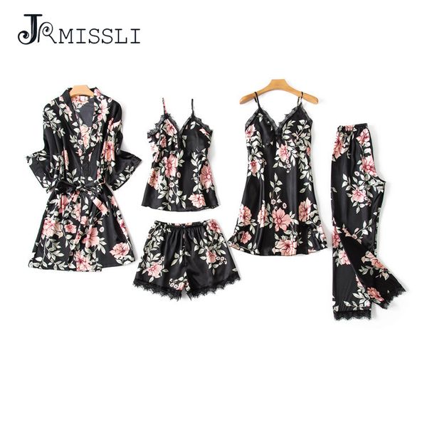 

jrmissli satin sleepwear female with chest pads women pajamas lace slik sleep lounge 5 pieces sets elegant ladies, Blue;gray