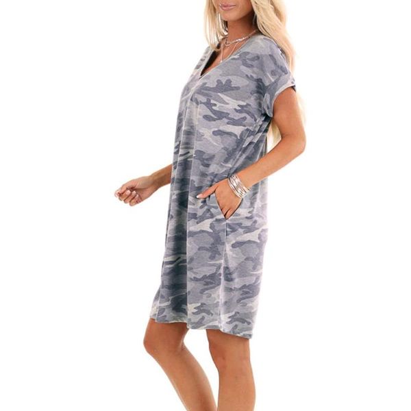 

38# women's summer casual short sleeve pocket camos print stretch swing dresses out ruffles sundress beachwear vestidos, White;black