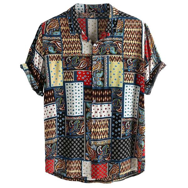 

mens streetwear vintage ethnic style printing hawaiian shirts retro patchwork loose short sleeve stand collar casual shirt plus, White;black