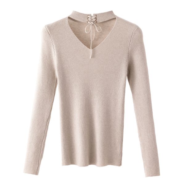 

gkfnmt 2019 new autumn women slim sweater winter knitted sweater lace up long sleeve knitting womens sweaters and pullover, White;black