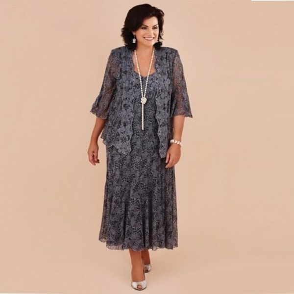 

plus size gray lace tea length mother of the bride dresses with jacket bride mother wedding party dress formal vestido de renda, Black;red