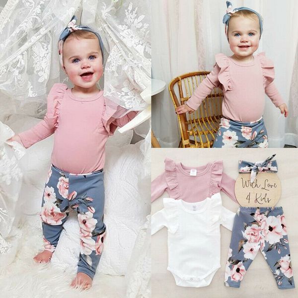 

3pcs fashion toddler baby girls floral outfits newborn toddler baby girls flower romper pants headband outfits clothes set, White