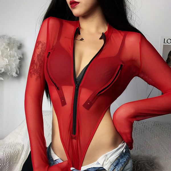 

mesh see through bodycon bodysuits women summer zipper split long sleeve jumpsuit rompers casual skinny body female, Black;white
