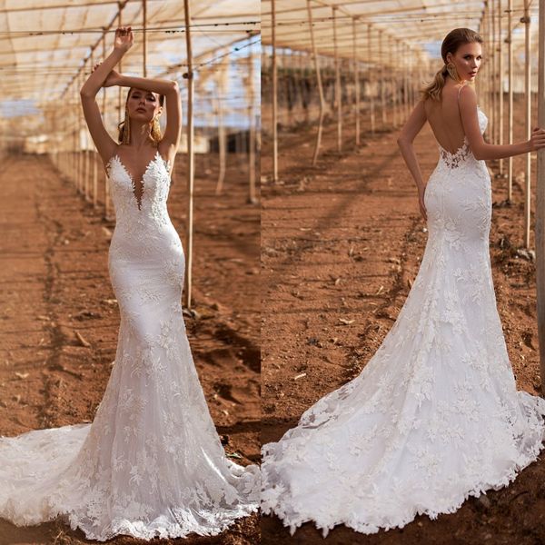 

2020 arivilloso wedding dresses spaghetti straps backless lace appliques bridal gowns sweep train beach mermaid wedding dress, White