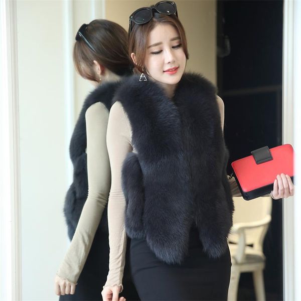 

2019 designer winter fashion luxury fox fur vest women regular warm short jacket coat waistcoat variety color faux outwear wholesale, Black