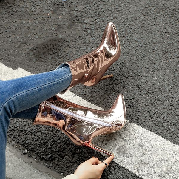 

quality mirror women boots point toe high heels mid-calf boots autumn winter zip silver gold casual party fetish shoes woman, Black