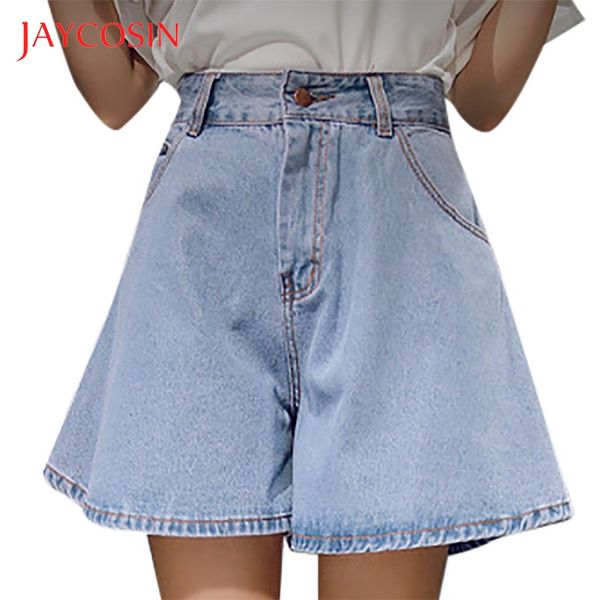 

jaycosin women loose high-waisted fashion broad-legged jeans and shorts solid pattern summer season materials, Blue