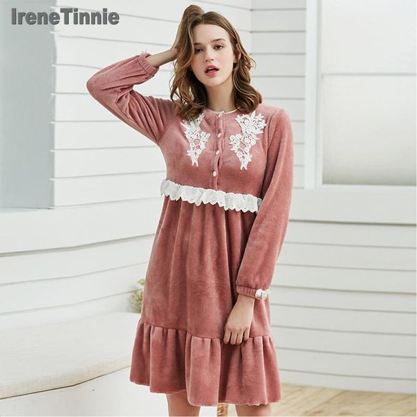 

women's sleepwear autumn winter ladies lace nightgown luxury flannel upgrade coral velvet princess loose nightdress intimate, Black;red