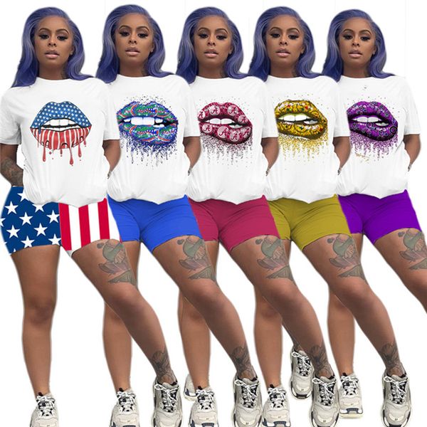 Sommer Damen Sportswear Shorts Zweiteiler Kurzarm Weiß T-Shirt Shorts Casual Lippendruck Trainingsanzug Designer Outfits Jogger Anzug 3230