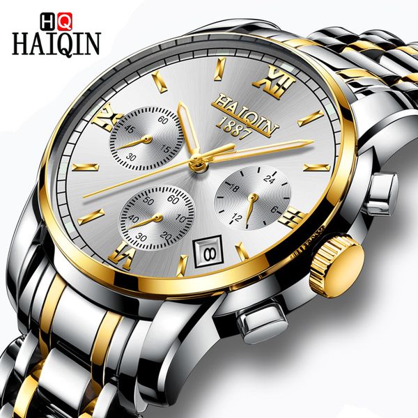 

haiqin men's watches new watch men quartz stainless steel watch male fashion chronograph relogio masculino, Slivery;brown