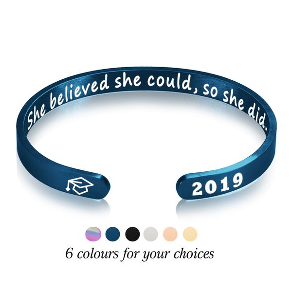 Sie glaubte, dass sie es könnte, also tat sie es. Manschettenarmreif für Damen und Herren, Edelstahl, Buchstabe „Bachelor“, Mützenschild, offenes Armband, inspirierender Schmuck