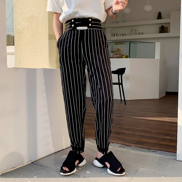 

good quality men spring high waist casual striped harem pants 2019 fashion men's vintage suit pants korean style joggers, Black