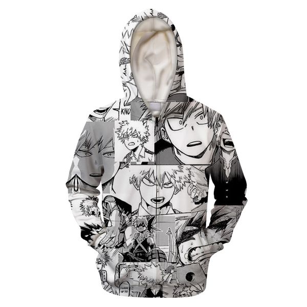 

boku no hero academia zipper hoodies women men fashion sweatshirts bakugou collages 3d hooded coat streetwear casual jacket, Black