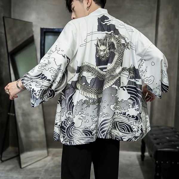 

robe men's chinese style summer japanese kimono cardigan thin section youth seven-point sleeves hanfu loose shirt, White;black