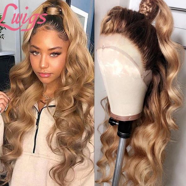 

lwigs loose wave ombre t4/27 lace front human hair wigs high density honey blonde glueless lace front wig 360 frontal wigs, Black;brown