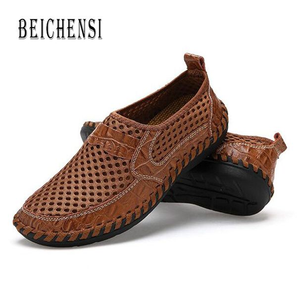 

summer casual men sandals new men net shoes genuine leather loafers shoes lazy style breathable sneakers large size 38-48, Black