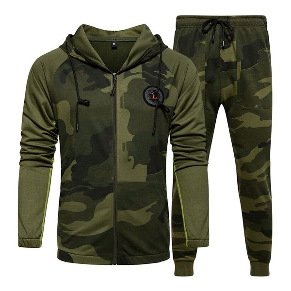 

2020 spring and autumn sports suits two-piece european and american men's stitching hooded camouflage suits sports leisure, Gray