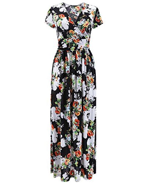 

ouges women's v-neck pattern pocket maxi long dress, Black;gray