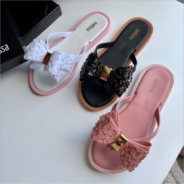 

mini melissa 2019 new women flip flop sandals brazilian bow tie women's jelly shoes melissa slippers women slippers, Black