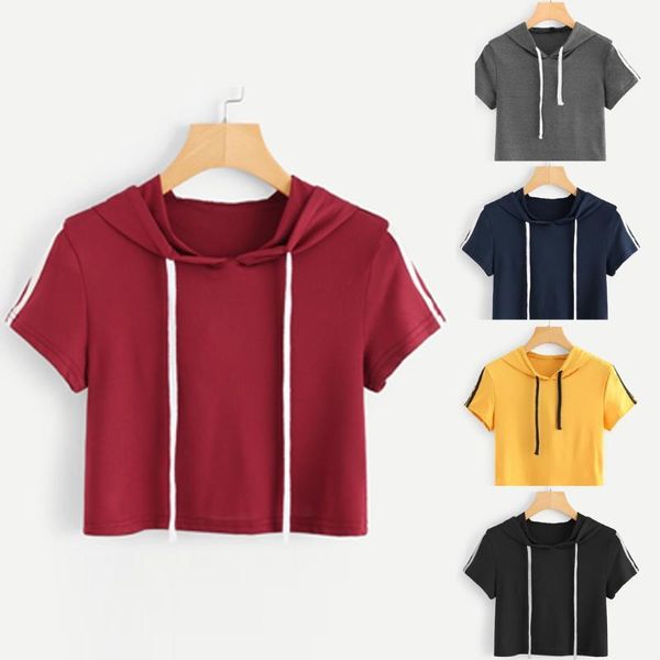 

fashion women sweatshirt 2020 drawstring hoodies solid stripe crop hoodie short sleeve jumper hooded pullover casual 5w4, Black
