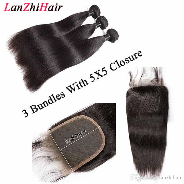 

бразильский straight ткет волос 3 связки с 5x5 закрытие natural black remy человеческих волос 3 связки с волосами кружева закрытие свободы